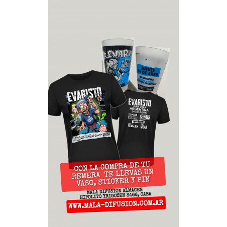 REMERA EVARISTO ARGENTINA GIRA + VASO + STICKER +PIN