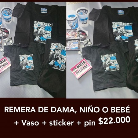 Remeras Evaristo  dama, niño o bebe + vaso + calco +pin